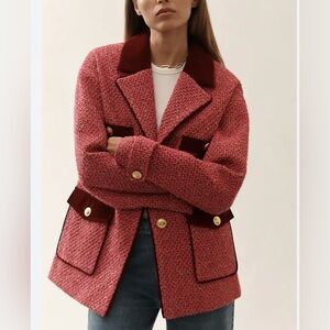 AVEC LES FILLES Velvet Trim Pink and Red Tweed Blazer Jacket Large